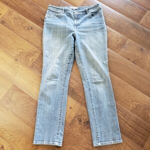 Chico's Platinum Sz 2 Reg Abalone Blue Jeans Women's  Stretch Straight Comfort